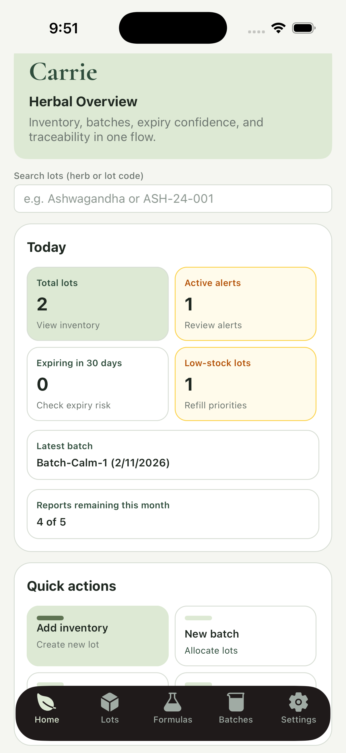 Carrie dashboard showing active lots, alerts, and quick actions