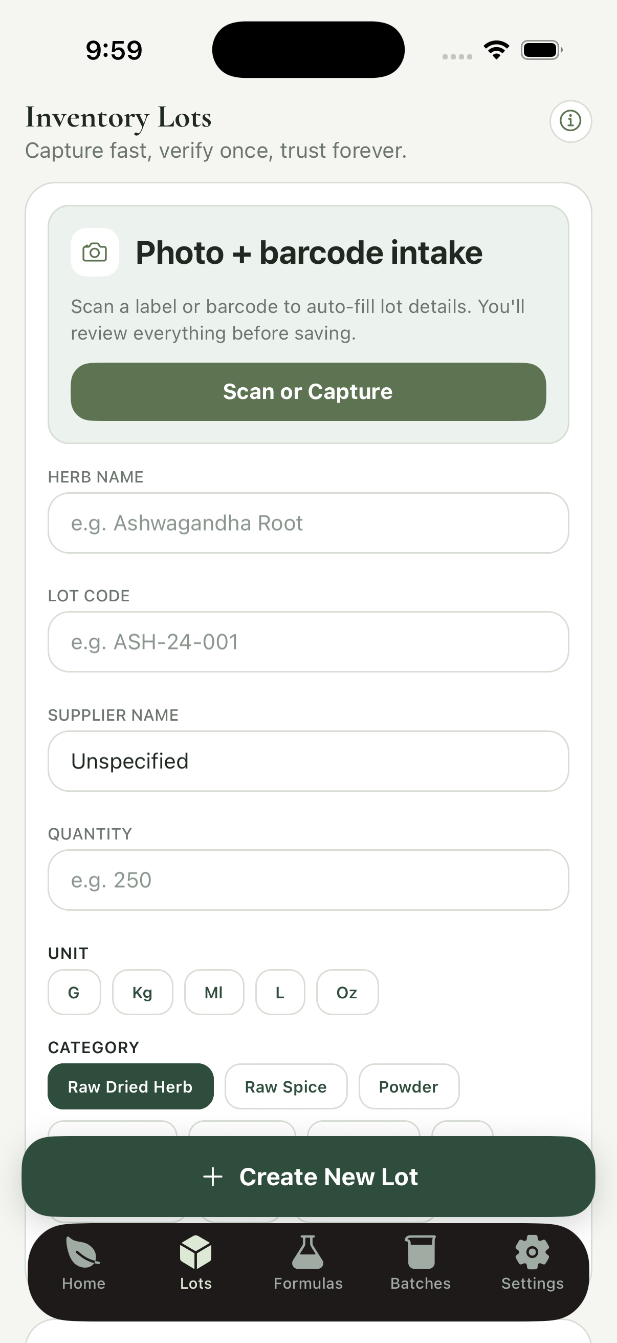 Inventory lots screen showing barcode intake and lot entry form